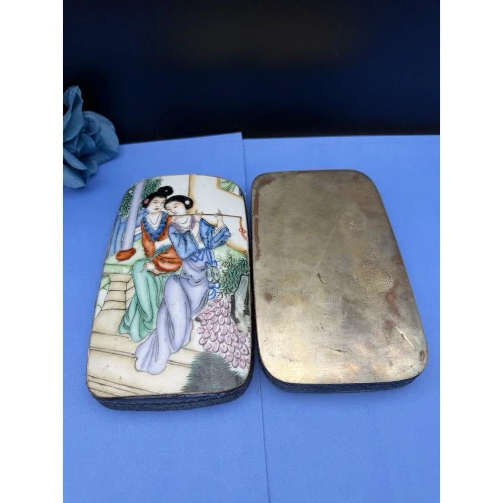 Vintage Chinese Porcelain Silver Plated Shard Trinket Jewelry Box Hand Painted